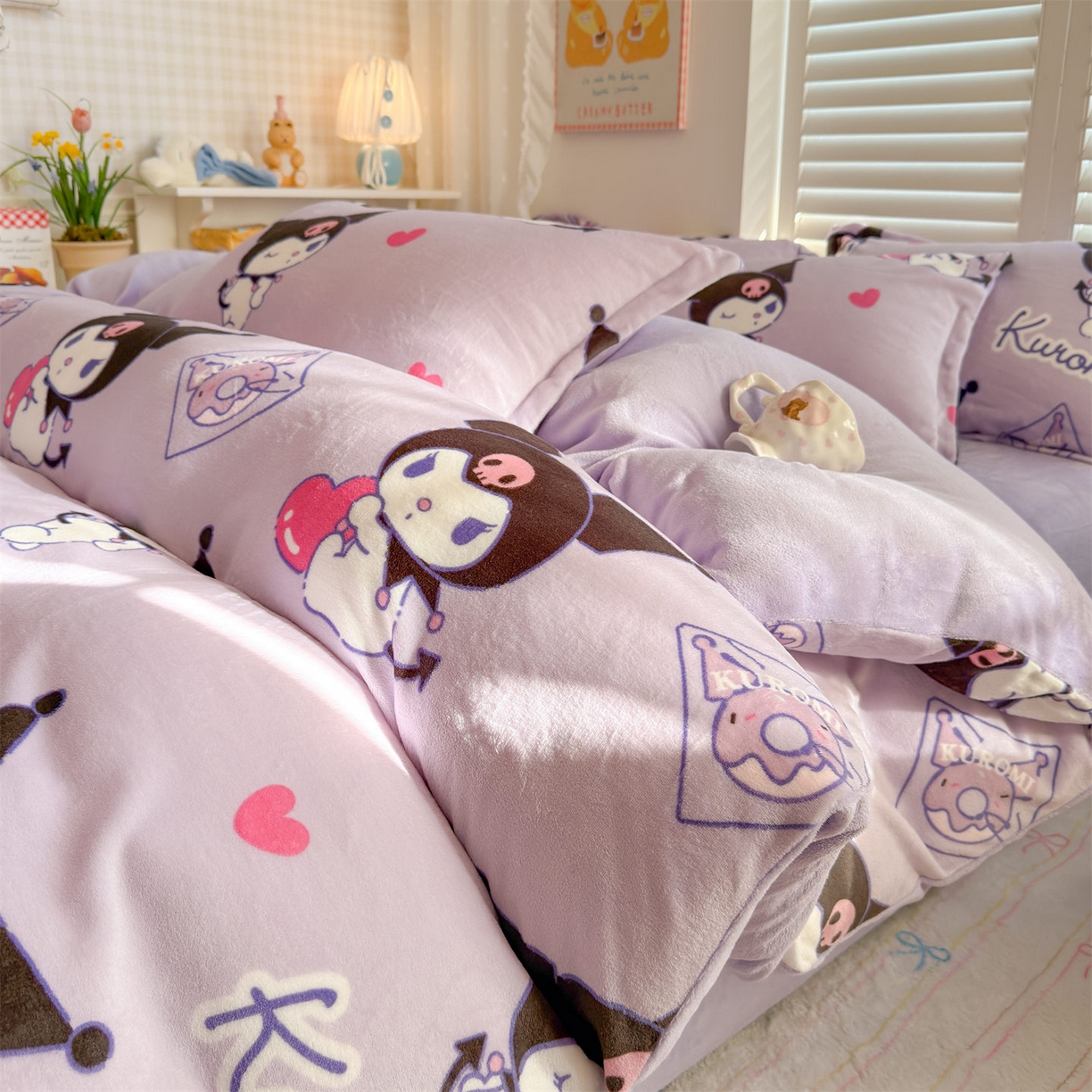 91家纺网 家纺一手货源 找家纺 名兮家居 2025新款经典奥特曼-三丽鸥加厚牛奶绒单被套 紫色库洛米