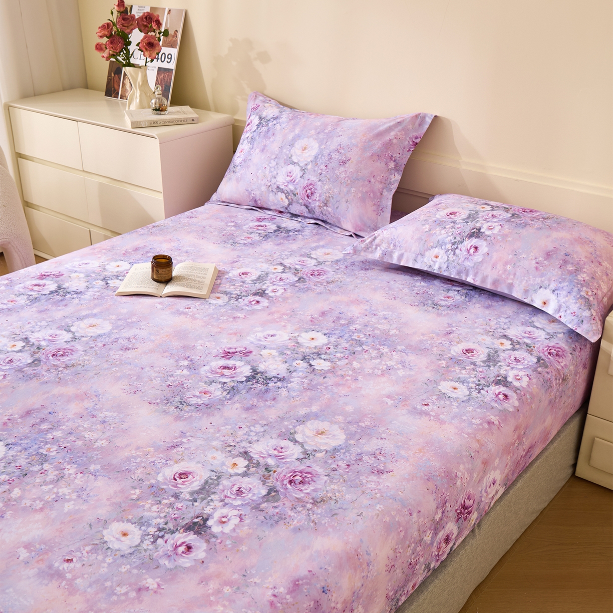 91家纺网 家纺一手货源 找家纺 元元家居（元元被业） 2025秋冬新款全棉纯棉磨毛印花单床笠 爱诺紫