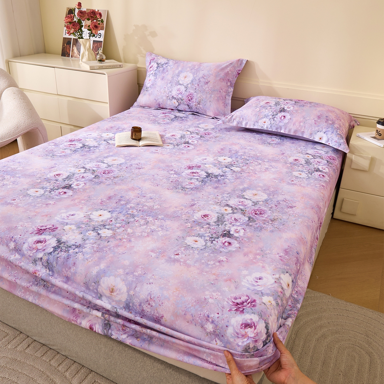 91家纺网 家纺一手货源 找家纺 元元家居（元元被业） 2025秋冬新款全棉纯棉磨毛印花单床笠 爱诺紫