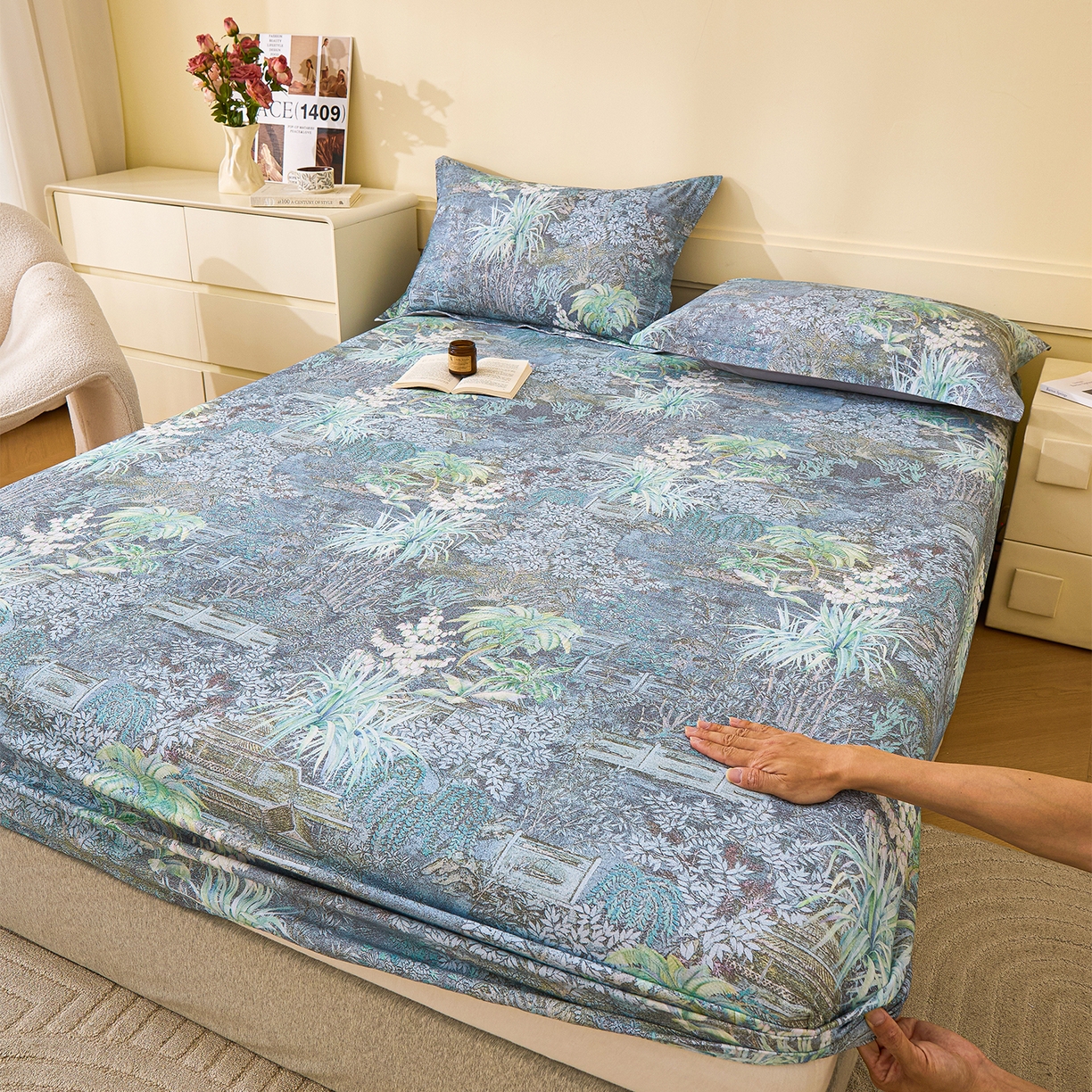 元元家居（元元被业） 2025秋冬新款全棉纯棉磨毛印花单床笠 繁花点缀