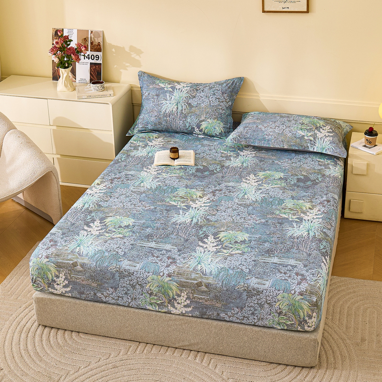 91家纺网 家纺一手货源 找家纺 元元家居（元元被业） 2025秋冬新款全棉纯棉磨毛印花单床笠 繁花点缀