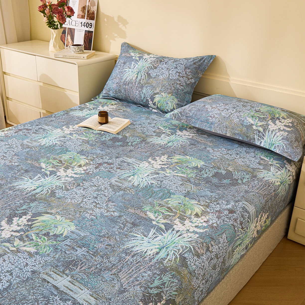 91家纺网 家纺一手货源 找家纺 元元家居（元元被业） 2025秋冬新款全棉纯棉磨毛印花单床笠 繁花点缀