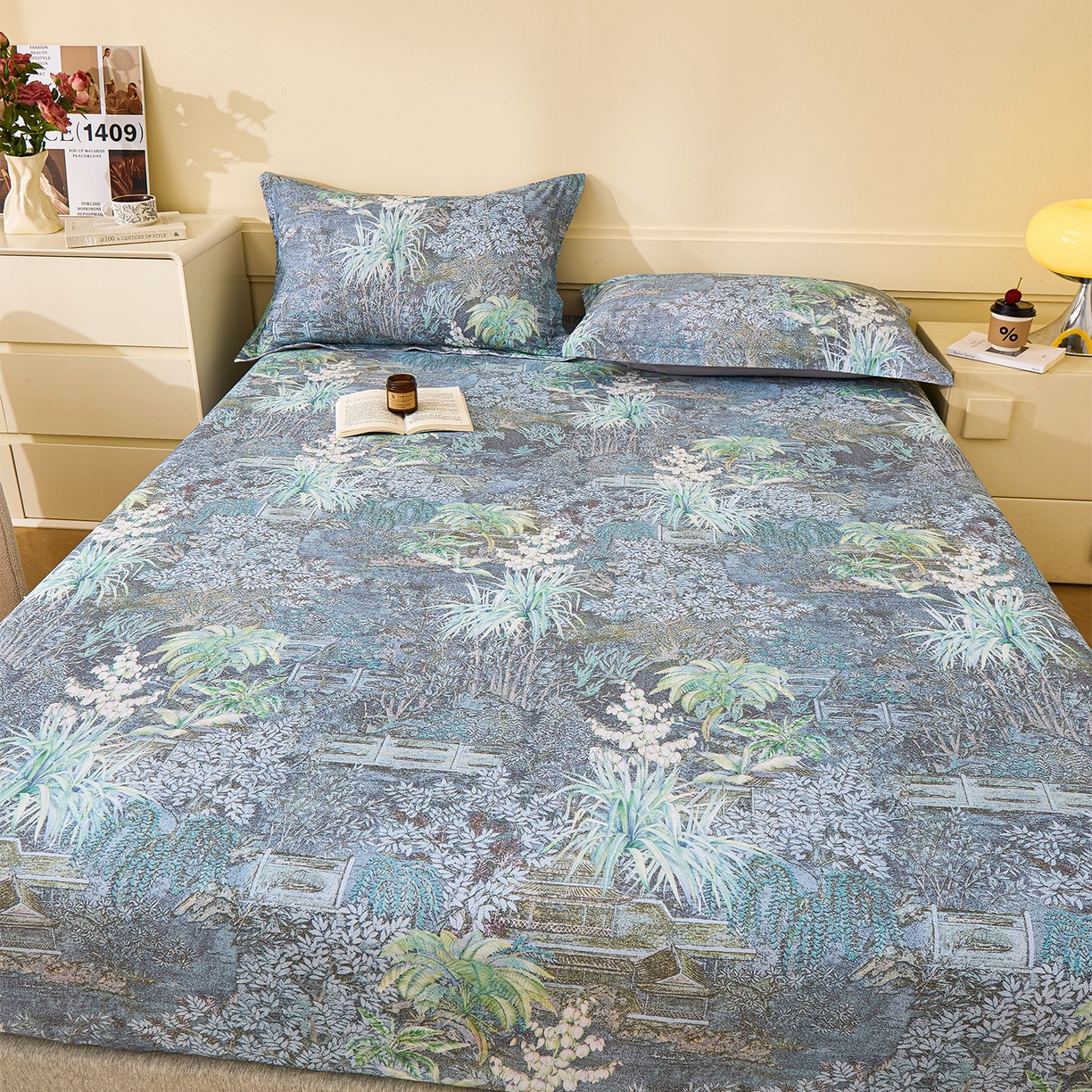 91家纺网 家纺一手货源 找家纺 元元家居（元元被业） 2025秋冬新款全棉纯棉磨毛印花单床笠 繁花点缀