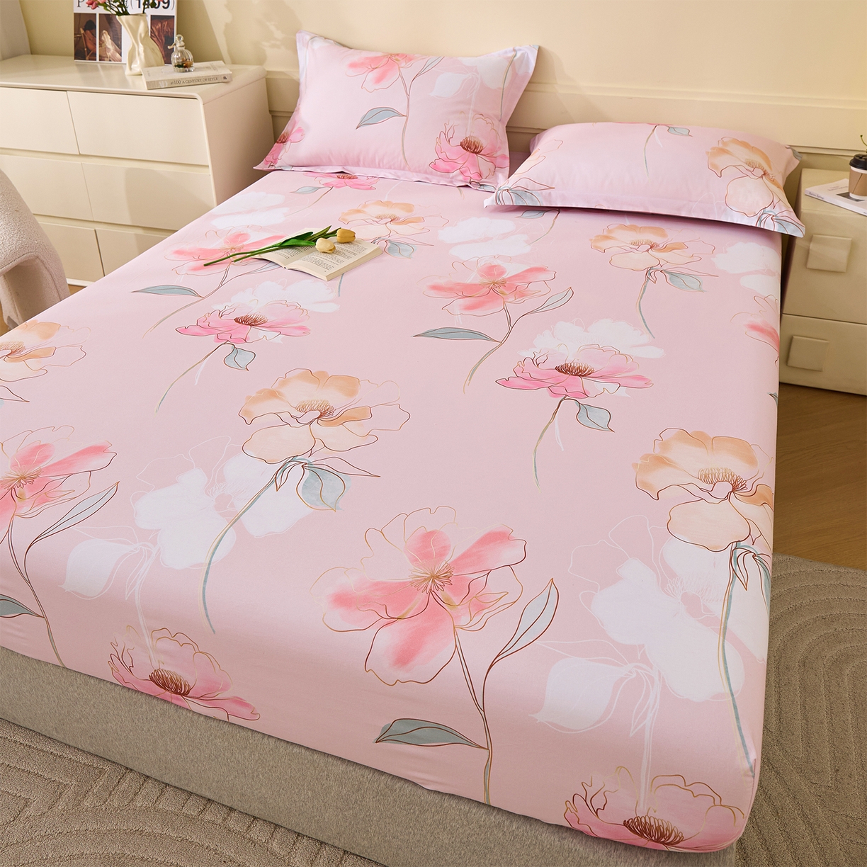 91家纺网 家纺一手货源 找家纺 元元家居（元元被业） 2025秋冬新款全棉纯棉磨毛印花单床笠 光韵花季