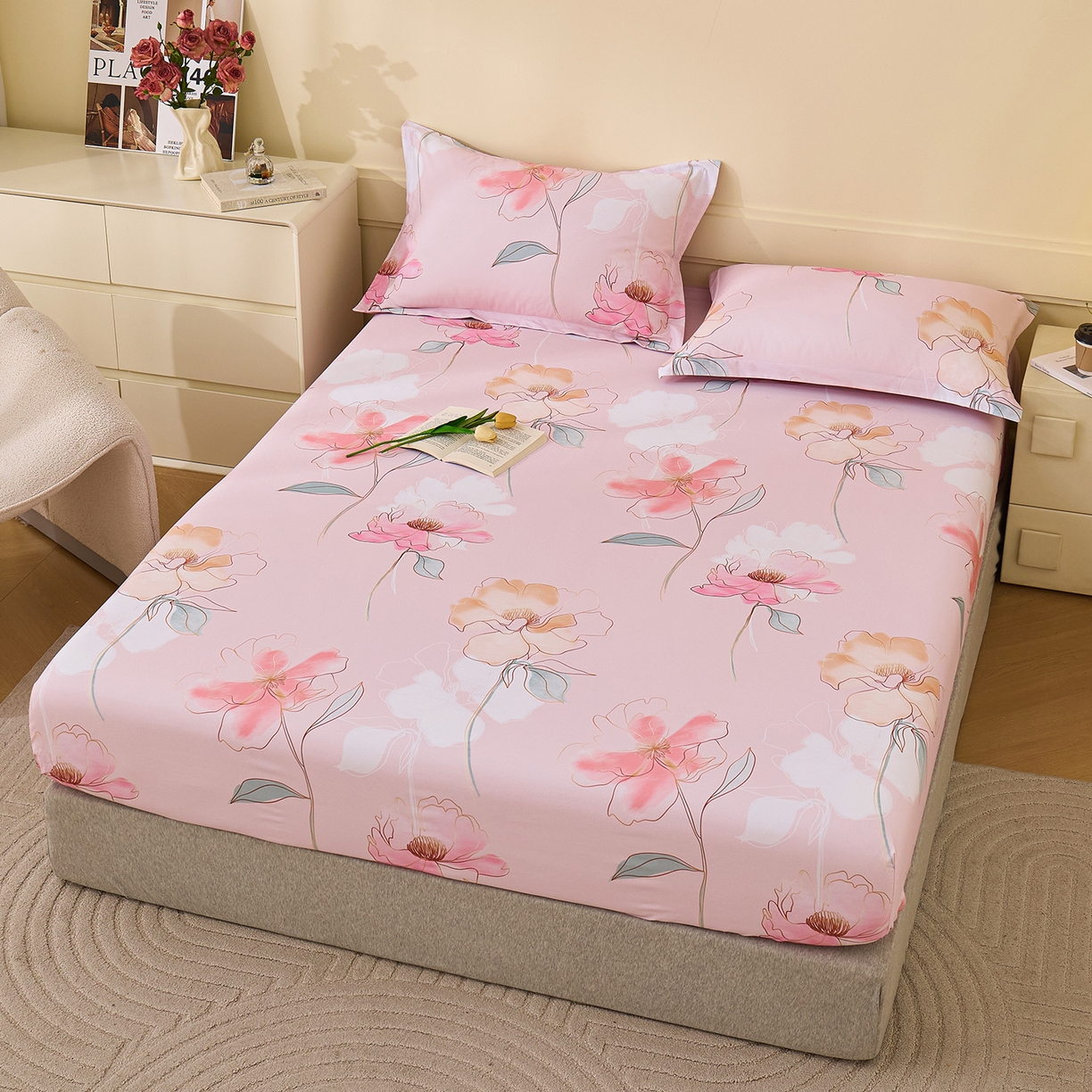 91家纺网 家纺一手货源 找家纺 元元家居（元元被业） 2025秋冬新款全棉纯棉磨毛印花单床笠 光韵花季