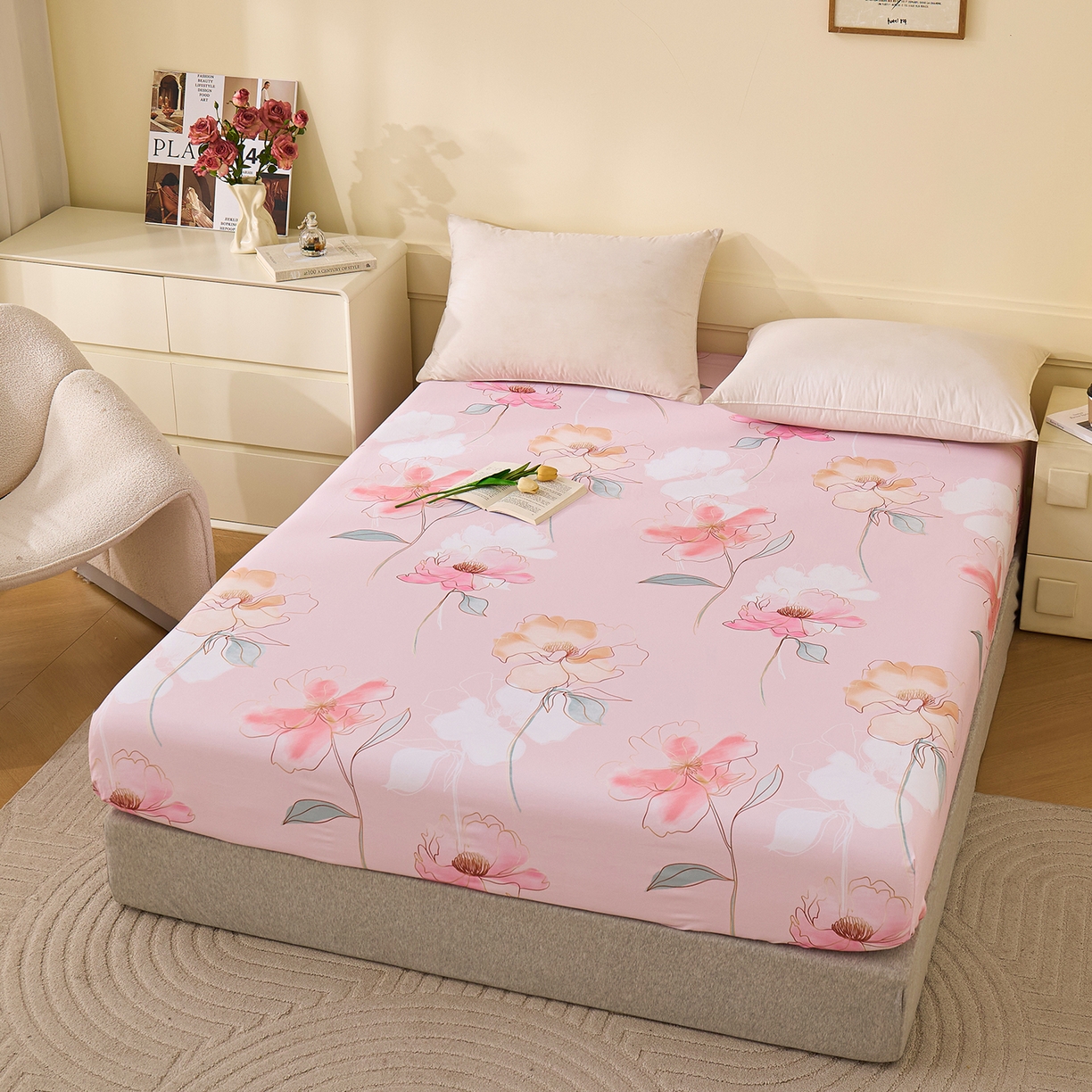 91家纺网 家纺一手货源 找家纺 元元家居（元元被业） 2025秋冬新款全棉纯棉磨毛印花单床笠 光韵花季