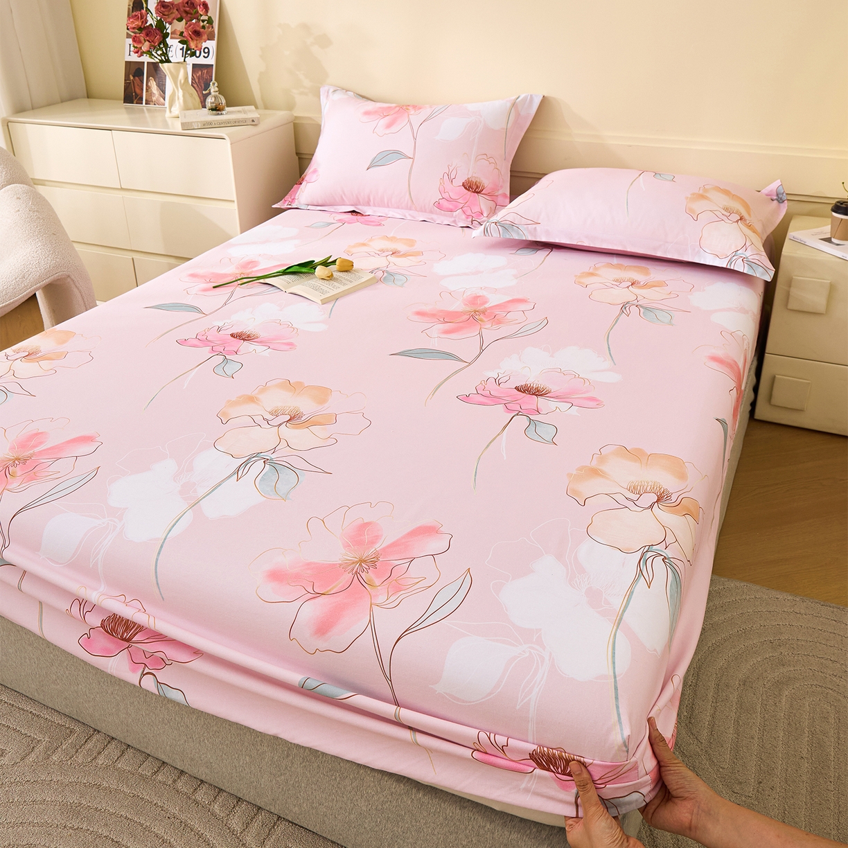 91家纺网 家纺一手货源 找家纺 元元家居（元元被业） 2025秋冬新款全棉纯棉磨毛印花单床笠 光韵花季