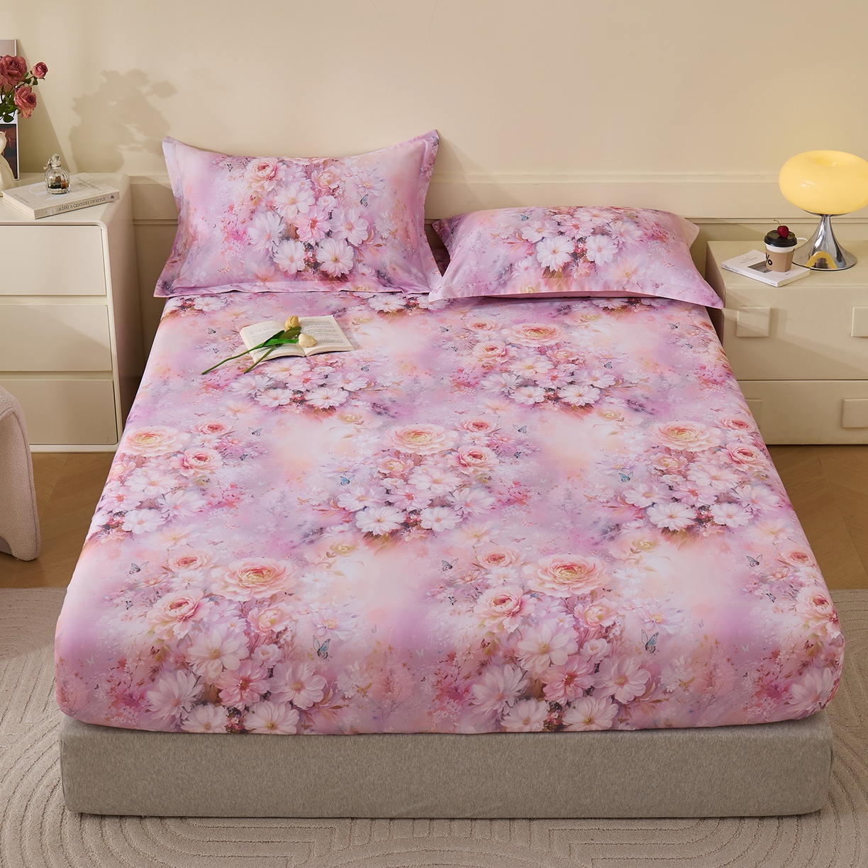 91家纺网 家纺一手货源 找家纺 元元家居（元元被业） 2025秋冬新款全棉纯棉磨毛印花单床笠 花妍悦粉