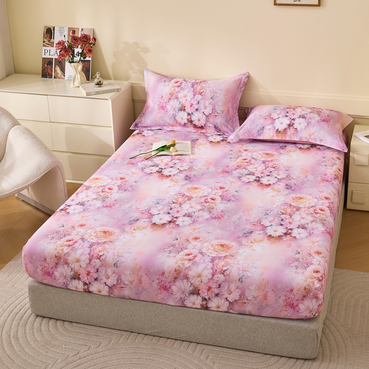 91家纺网 家纺一手货源 找家纺 元元家居（元元被业） 2025秋冬新款全棉纯棉磨毛印花单床笠 花妍悦粉