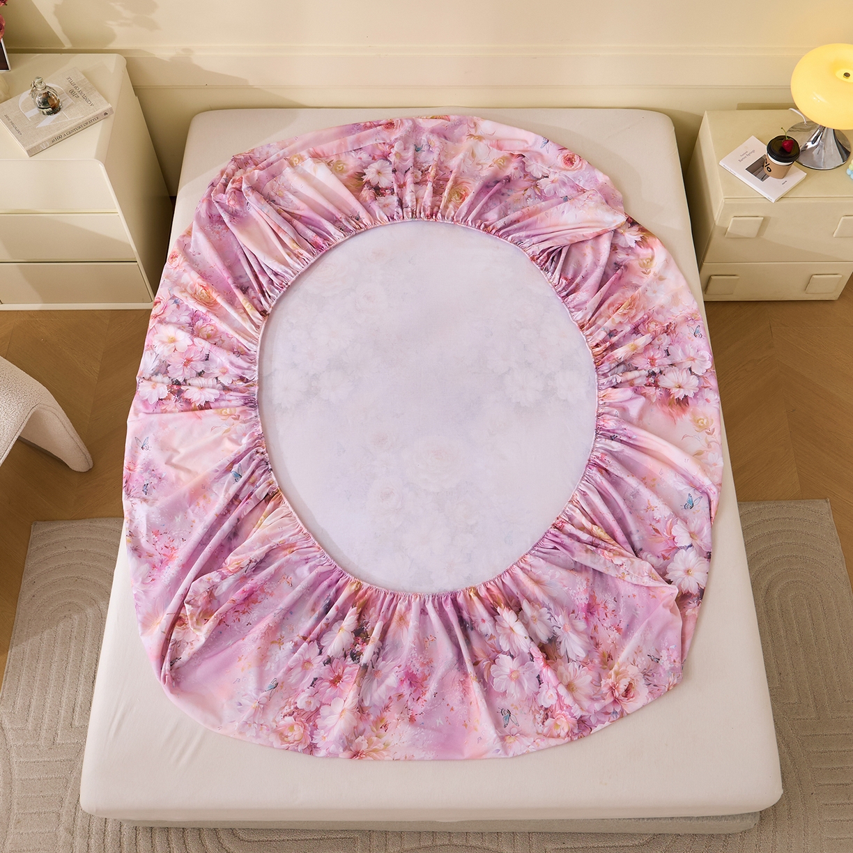 91家纺网 家纺一手货源 找家纺 元元家居（元元被业） 2025秋冬新款全棉纯棉磨毛印花单床笠 花妍悦粉