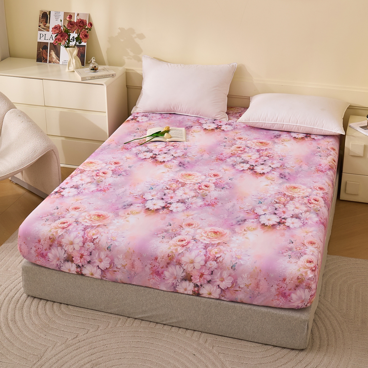 91家纺网 家纺一手货源 找家纺 元元家居（元元被业） 2025秋冬新款全棉纯棉磨毛印花单床笠 花妍悦粉