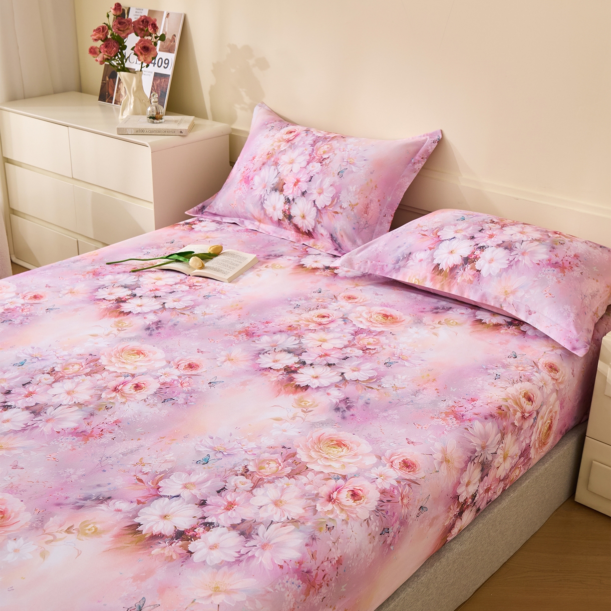 91家纺网 家纺一手货源 找家纺 元元家居（元元被业） 2025秋冬新款全棉纯棉磨毛印花单床笠 花妍悦粉