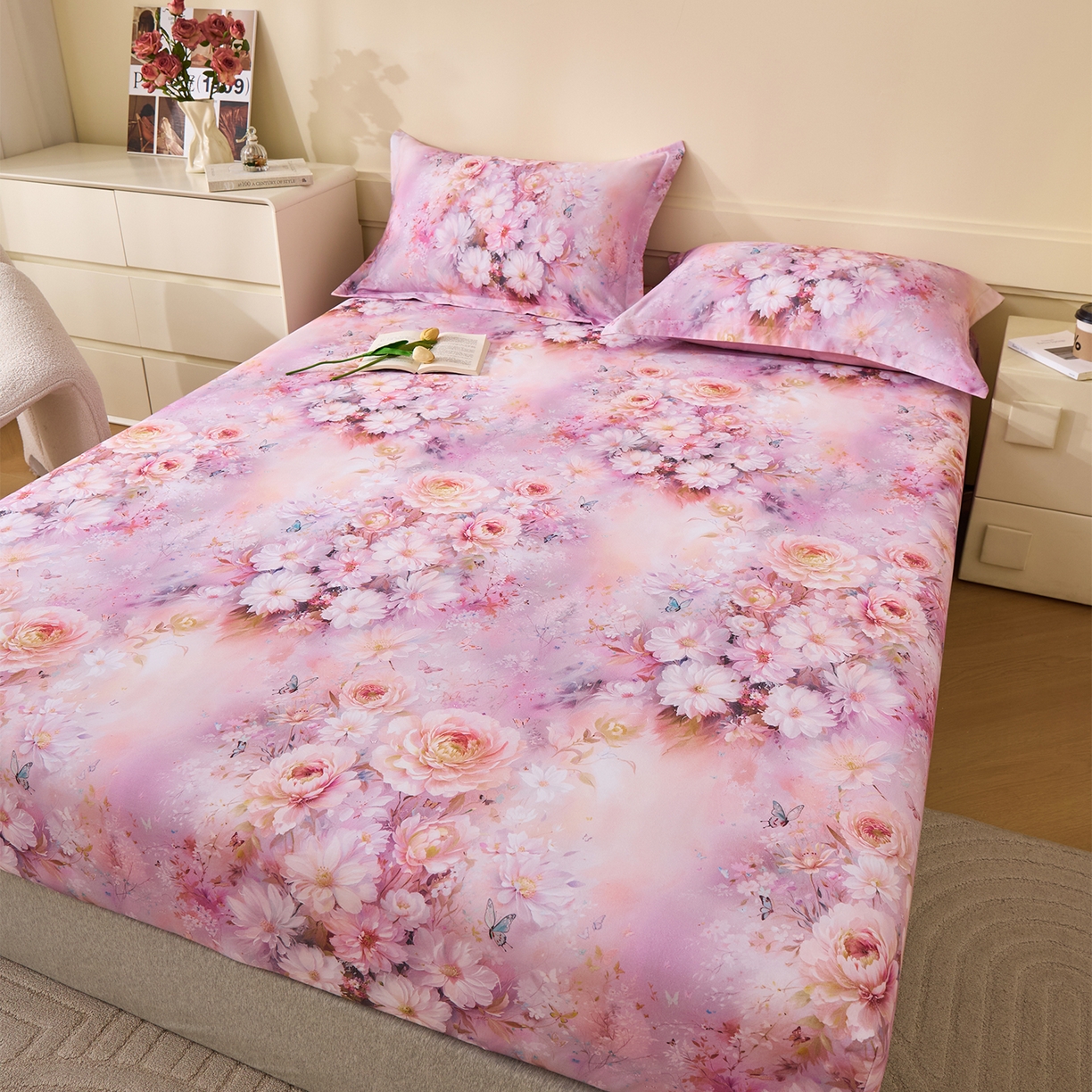 91家纺网 家纺一手货源 找家纺 元元家居（元元被业） 2025秋冬新款全棉纯棉磨毛印花单床笠 花妍悦粉