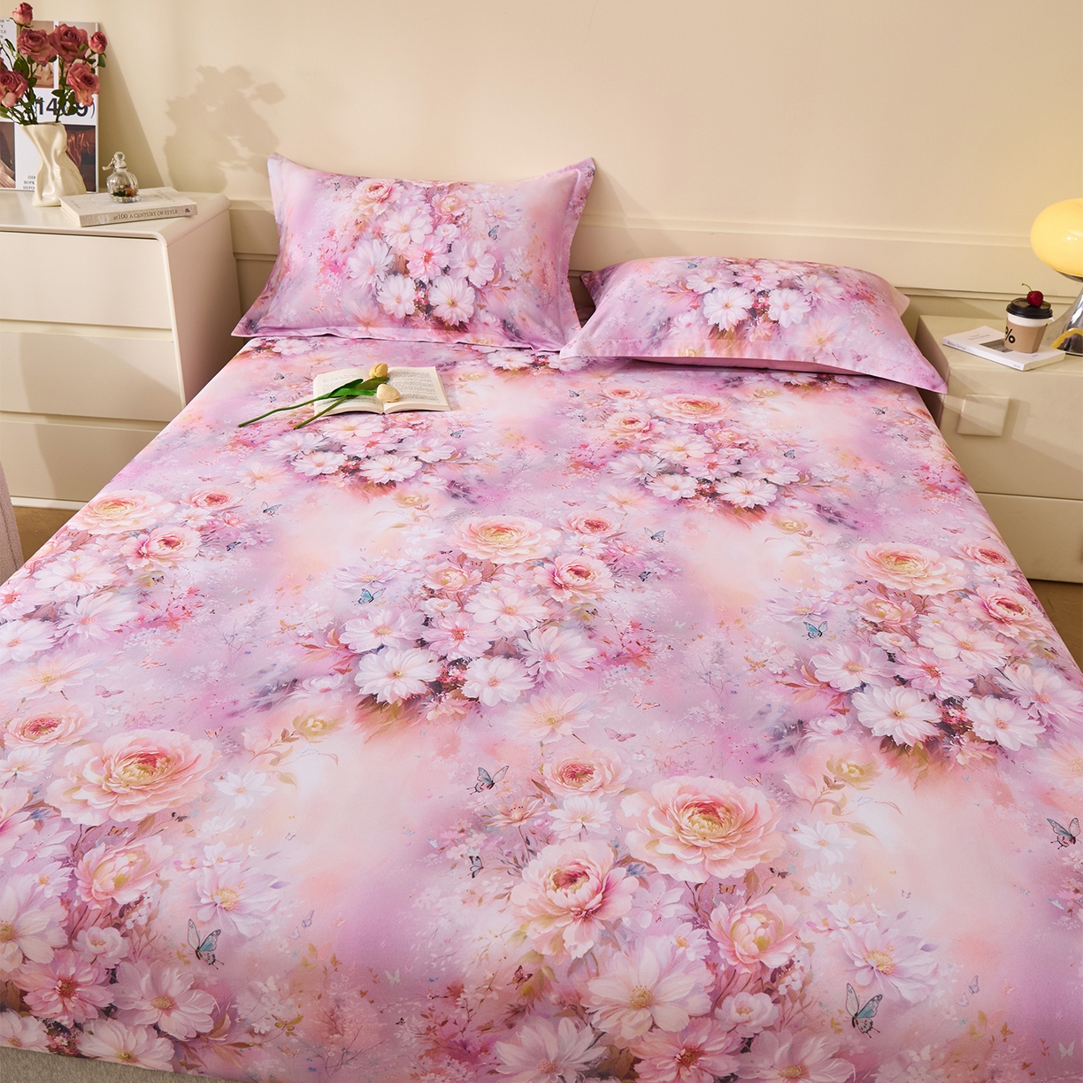 91家纺网 家纺一手货源 找家纺 元元家居（元元被业） 2025秋冬新款全棉纯棉磨毛印花单床笠 花妍悦粉