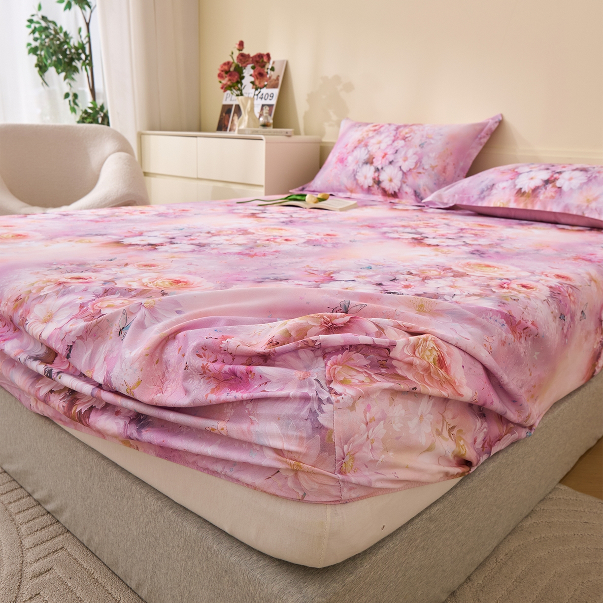 91家纺网 家纺一手货源 找家纺 元元家居（元元被业） 2025秋冬新款全棉纯棉磨毛印花单床笠 花妍悦粉