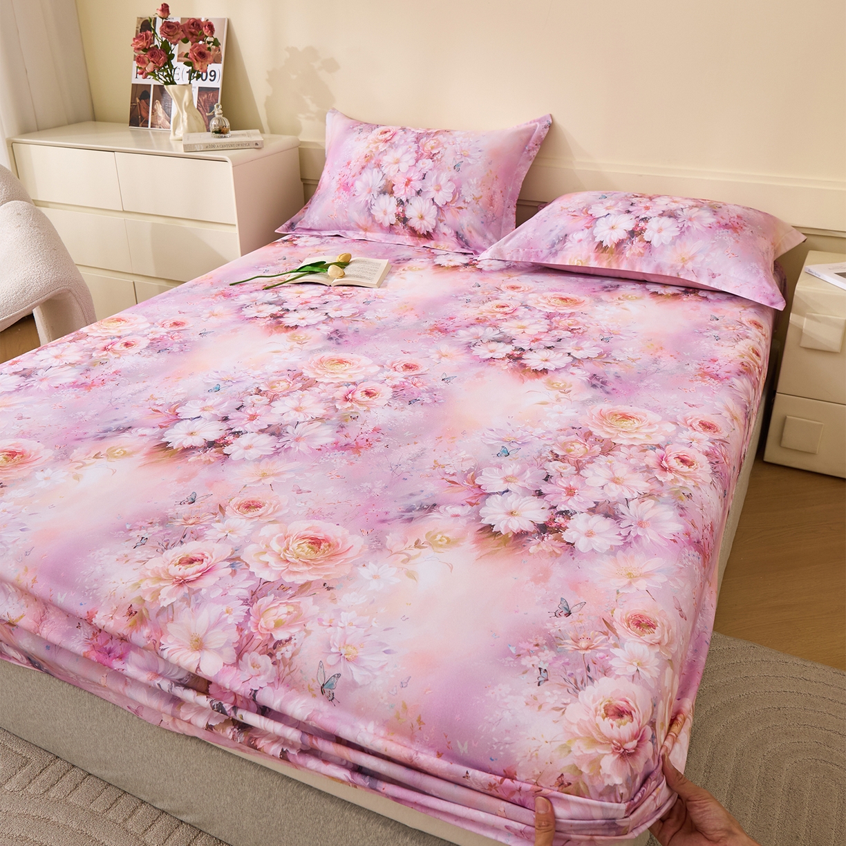 91家纺网 家纺一手货源 找家纺 元元家居（元元被业） 2025秋冬新款全棉纯棉磨毛印花单床笠 花妍悦粉