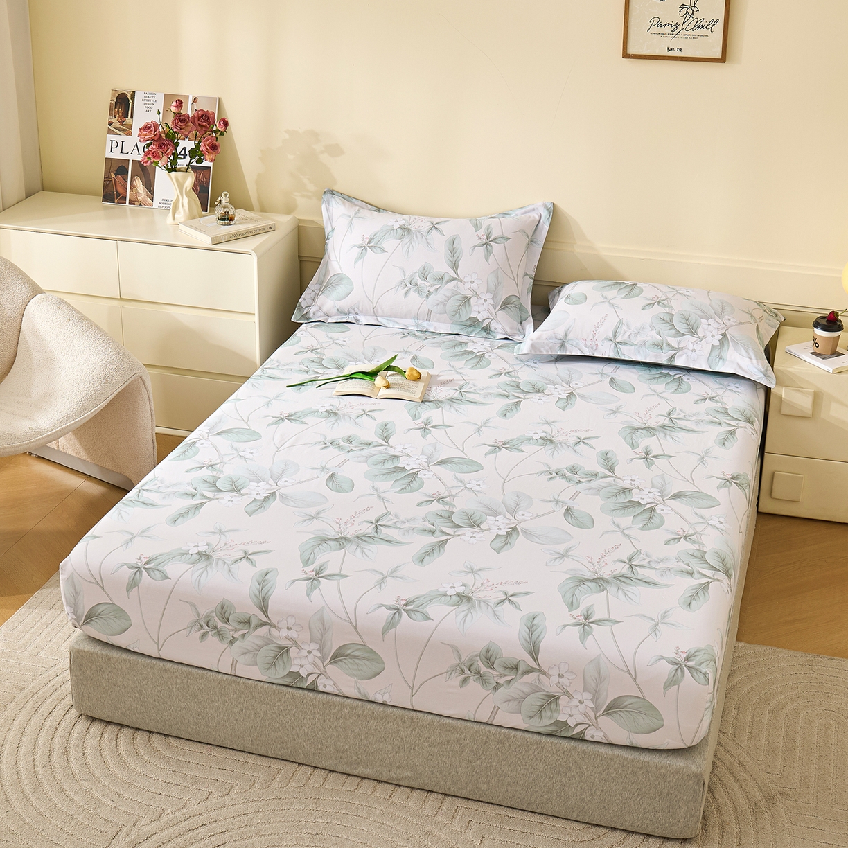 91家纺网 家纺一手货源 找家纺 元元家居（元元被业） 2025秋冬新款全棉纯棉磨毛印花单床笠 落叶白霜