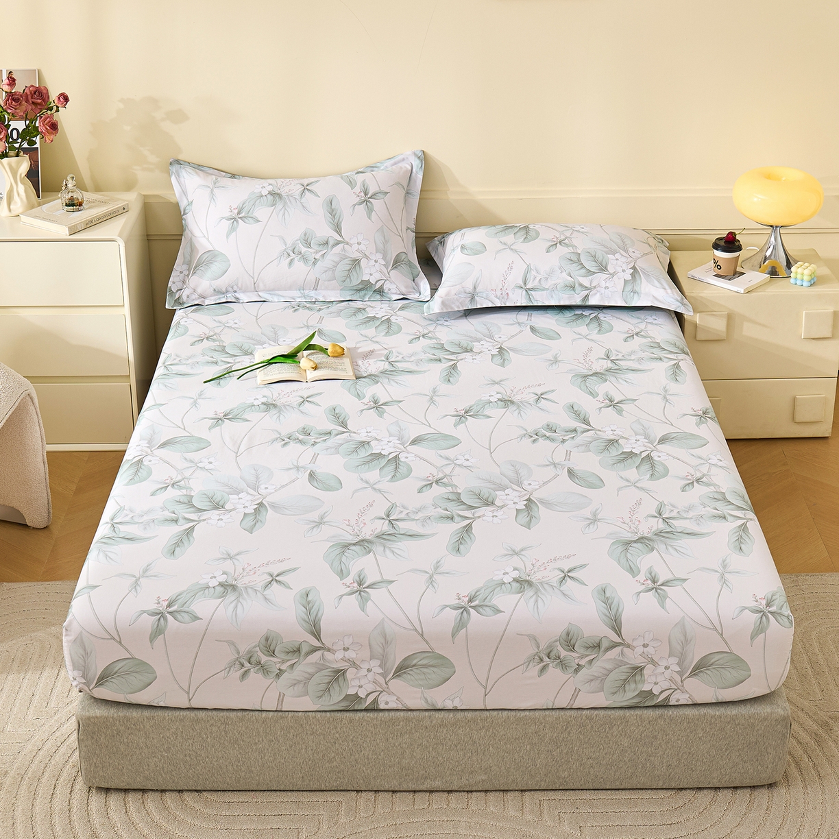 91家纺网 家纺一手货源 找家纺 元元家居（元元被业） 2025秋冬新款全棉纯棉磨毛印花单床笠 落叶白霜