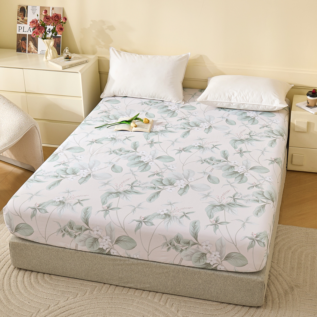 91家纺网 家纺一手货源 找家纺 元元家居（元元被业） 2025秋冬新款全棉纯棉磨毛印花单床笠 落叶白霜