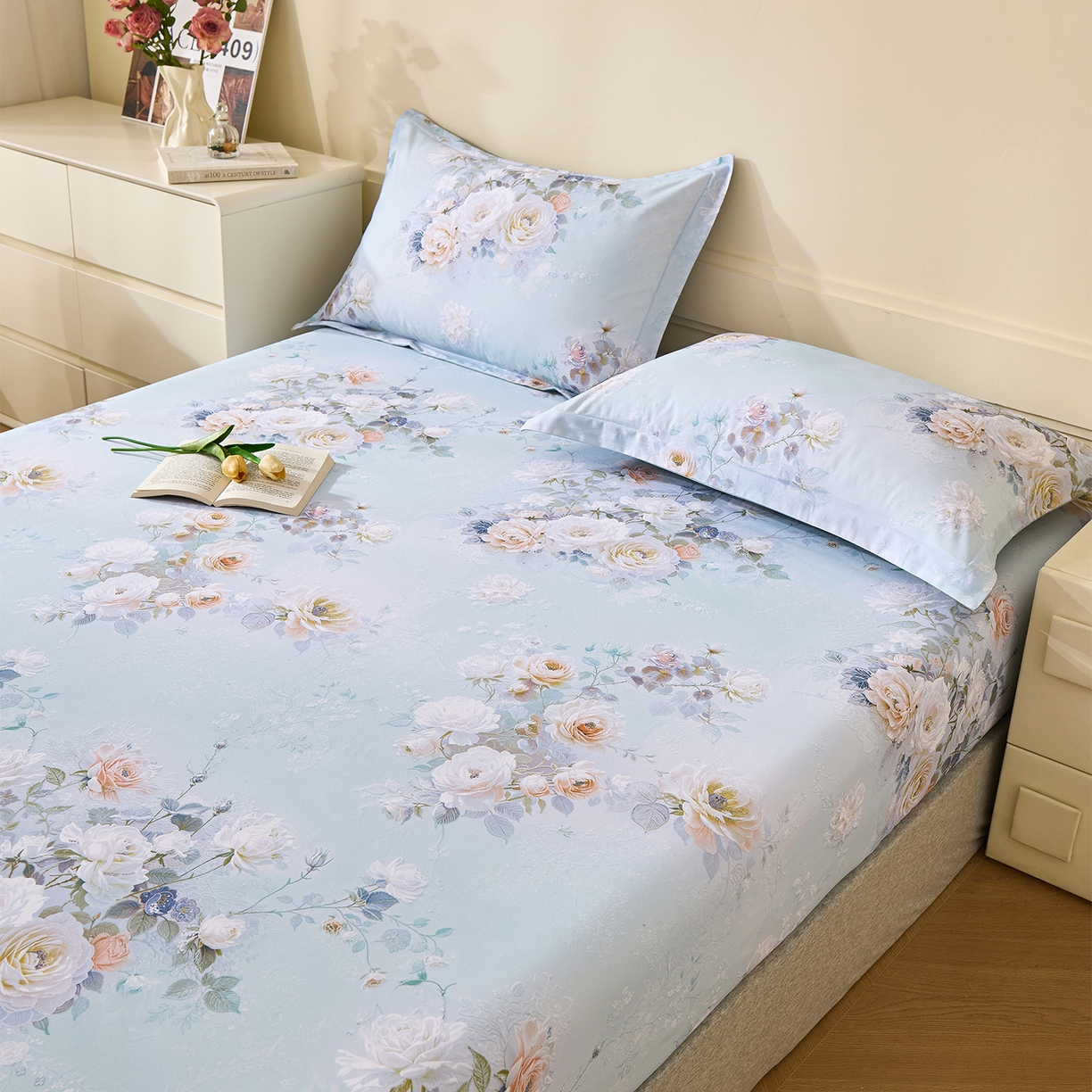 91家纺网 家纺一手货源 找家纺 元元家居（元元被业） 2025秋冬新款全棉纯棉磨毛印花单床笠 玫瑰花绣