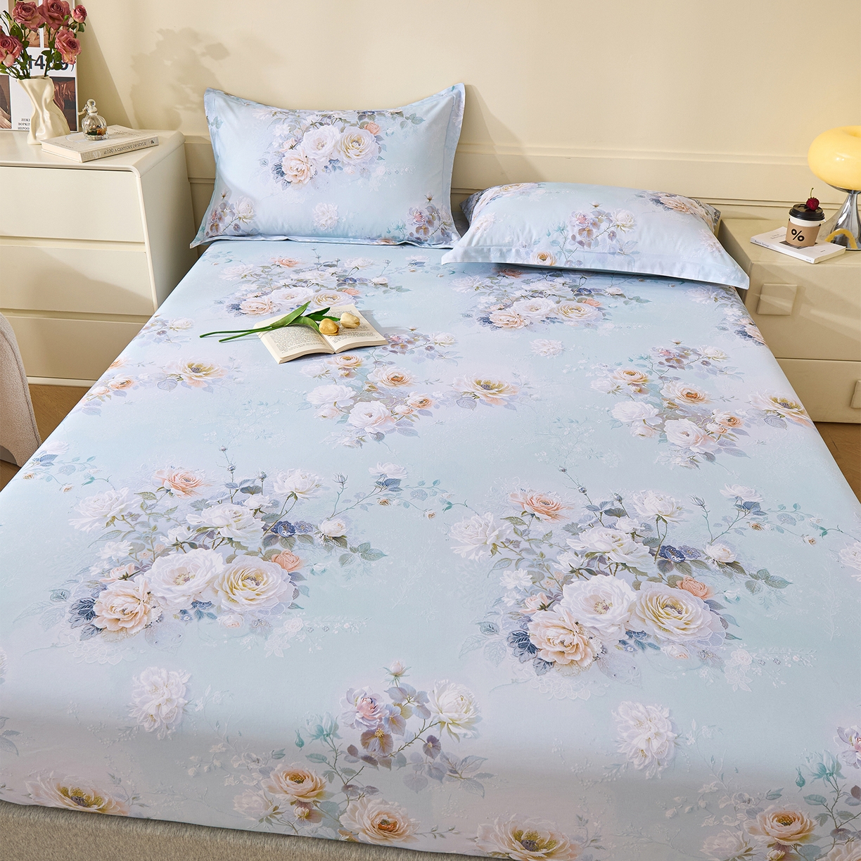 91家纺网 家纺一手货源 找家纺 元元家居（元元被业） 2025秋冬新款全棉纯棉磨毛印花单床笠 玫瑰花绣