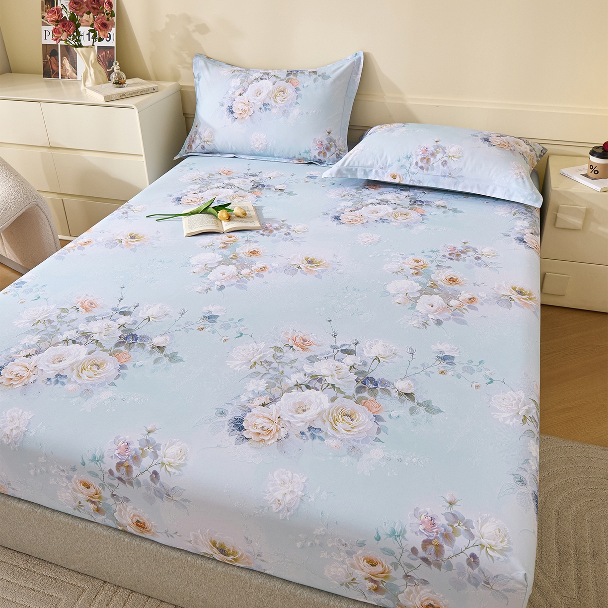 91家纺网 家纺一手货源 找家纺 元元家居（元元被业） 2025秋冬新款全棉纯棉磨毛印花单床笠 玫瑰花绣