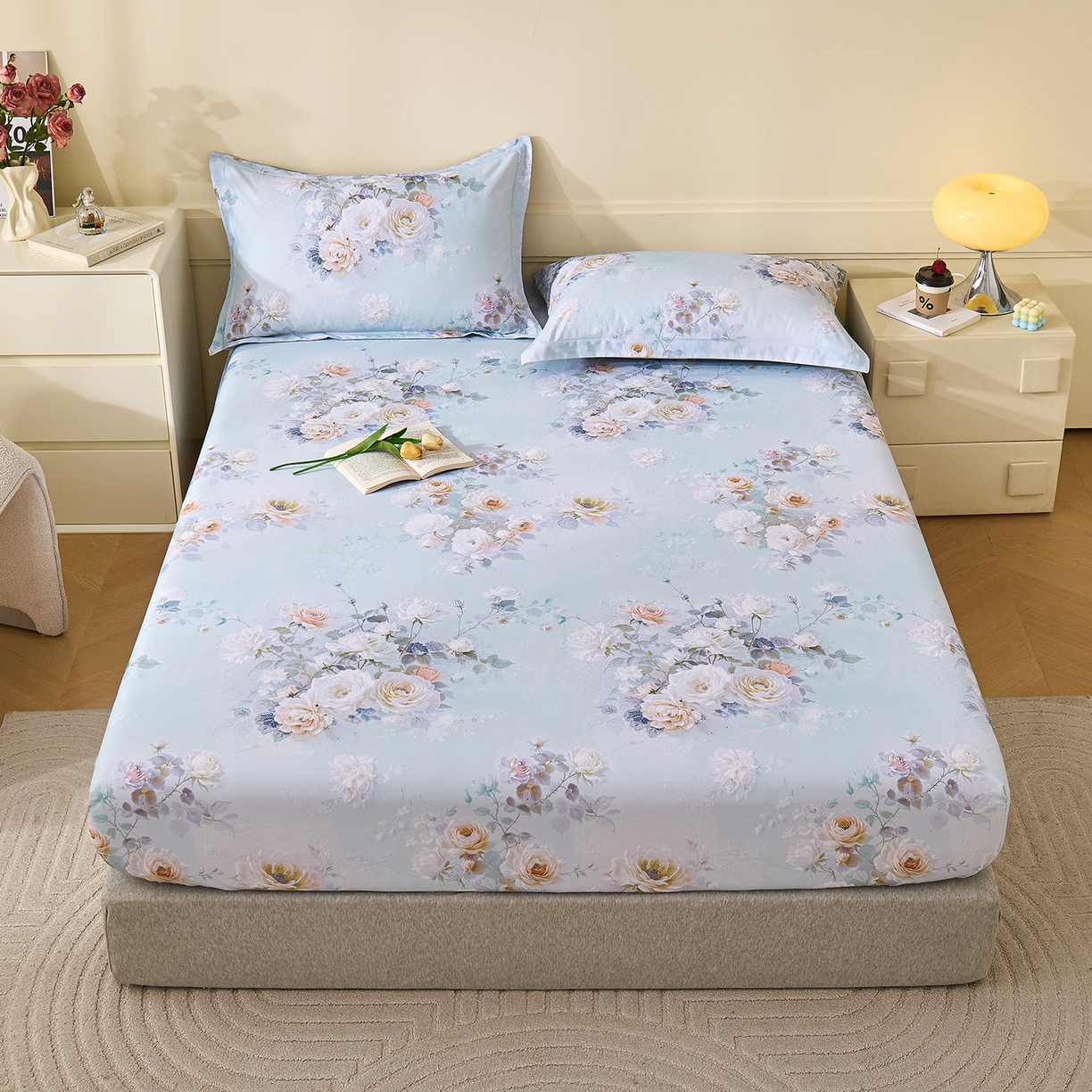 91家纺网 家纺一手货源 找家纺 元元家居（元元被业） 2025秋冬新款全棉纯棉磨毛印花单床笠 玫瑰花绣