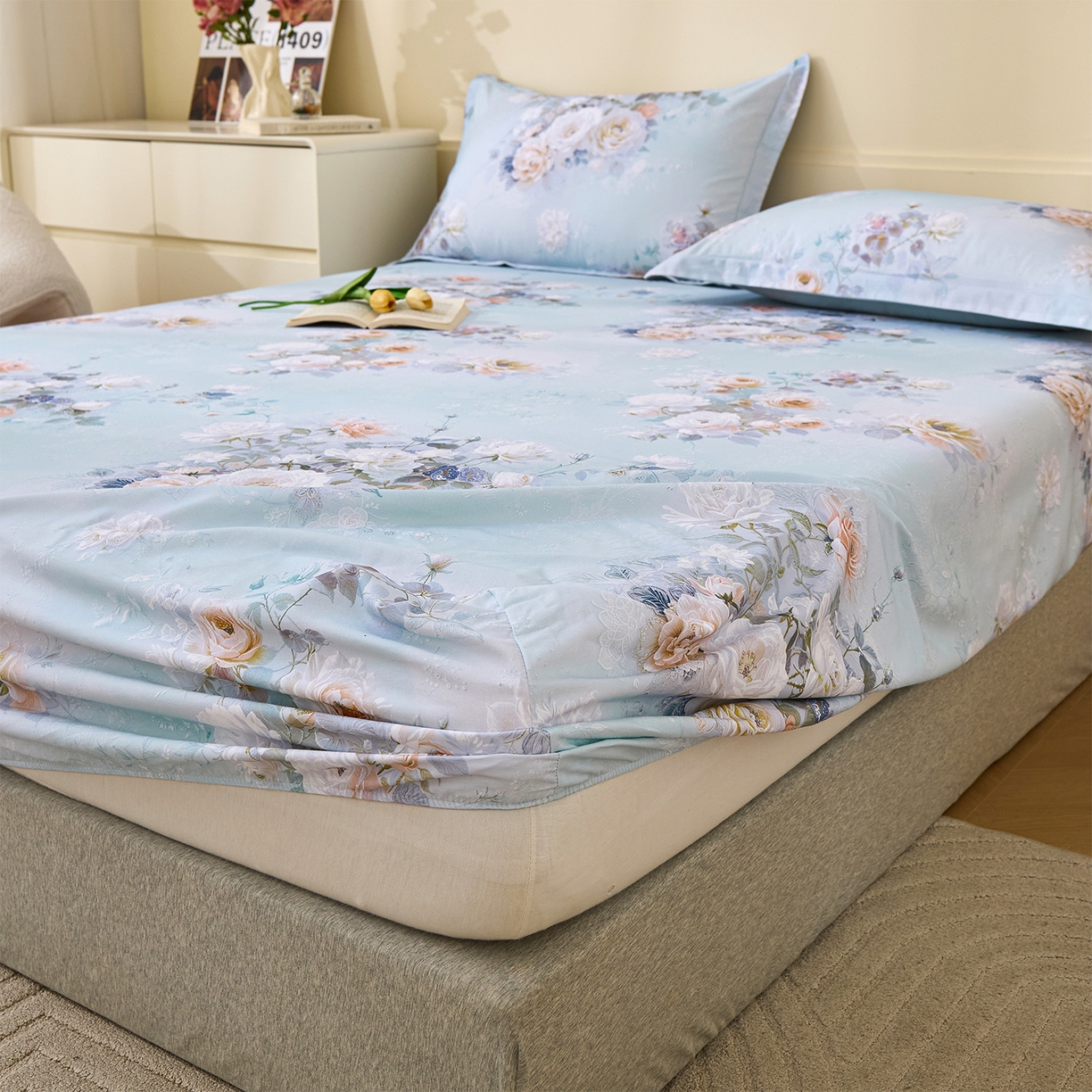 91家纺网 家纺一手货源 找家纺 元元家居（元元被业） 2025秋冬新款全棉纯棉磨毛印花单床笠 玫瑰花绣