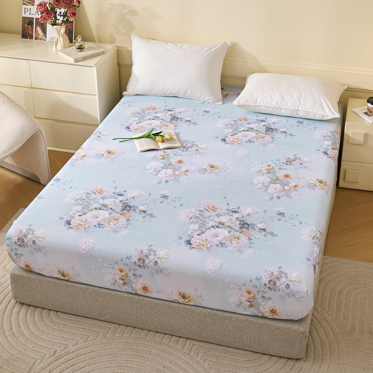 91家纺网 家纺一手货源 找家纺 元元家居（元元被业） 2025秋冬新款全棉纯棉磨毛印花单床笠 玫瑰花绣