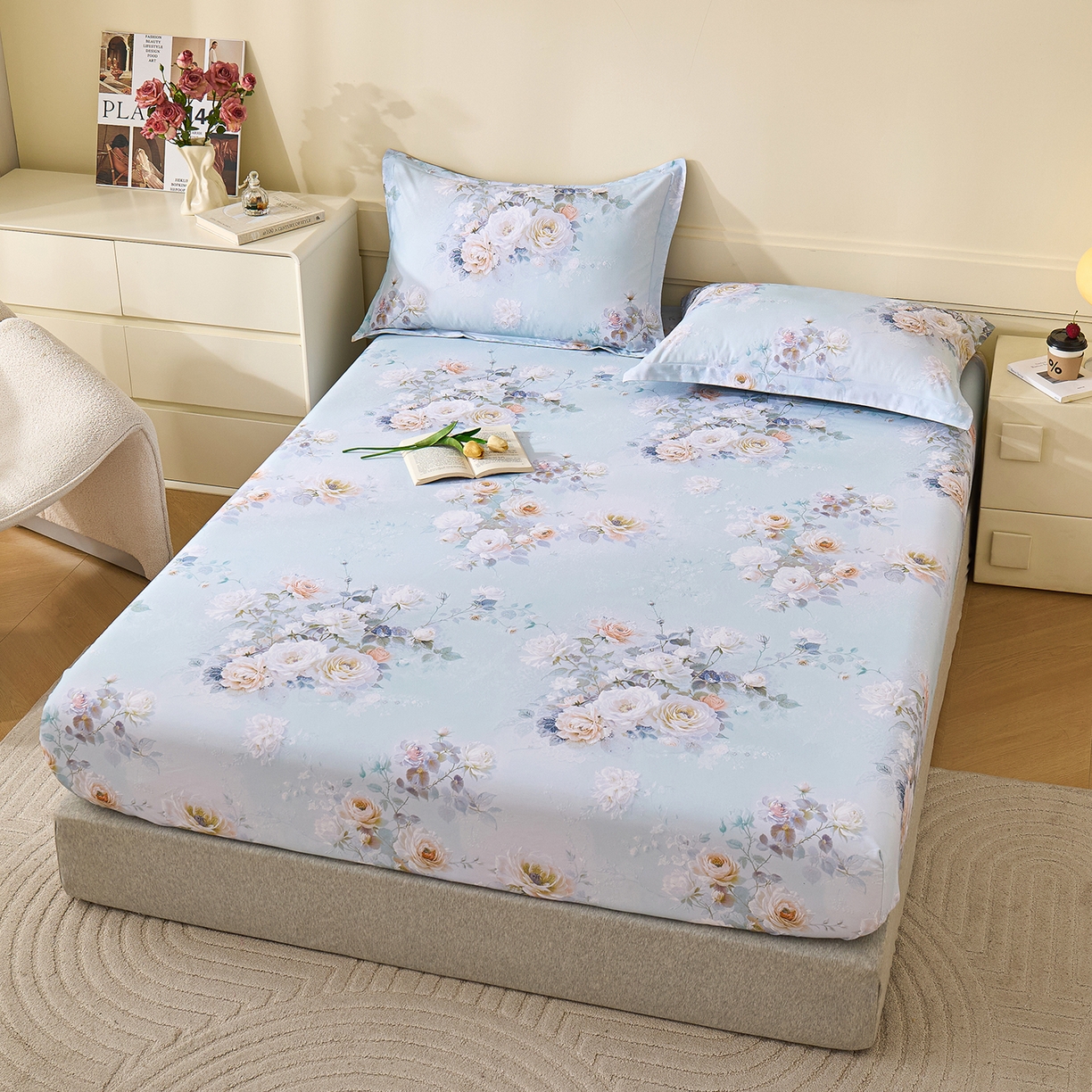 91家纺网 家纺一手货源 找家纺 元元家居（元元被业） 2025秋冬新款全棉纯棉磨毛印花单床笠 玫瑰花绣