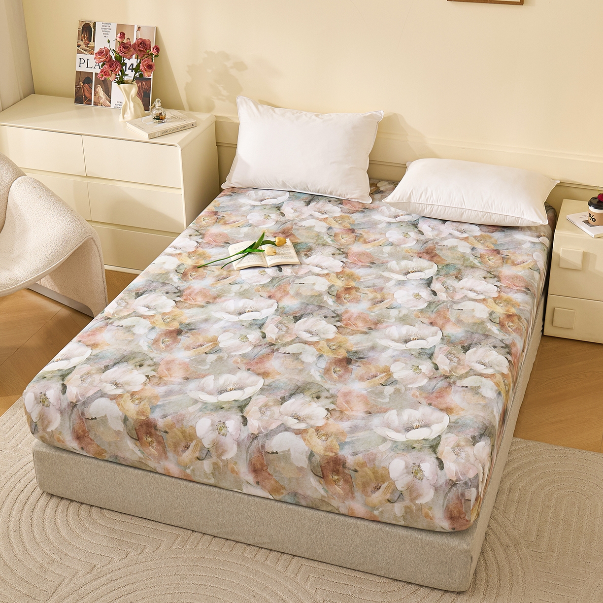 91家纺网 家纺一手货源 找家纺 元元家居（元元被业） 2025秋冬新款全棉纯棉磨毛印花单床笠 香雾蒙月