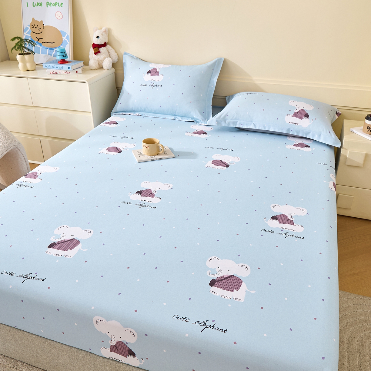 91家纺网 家纺一手货源 找家纺 元元家居（元元被业） 2025秋冬新款全棉纯棉磨毛印花单床笠 小奶象