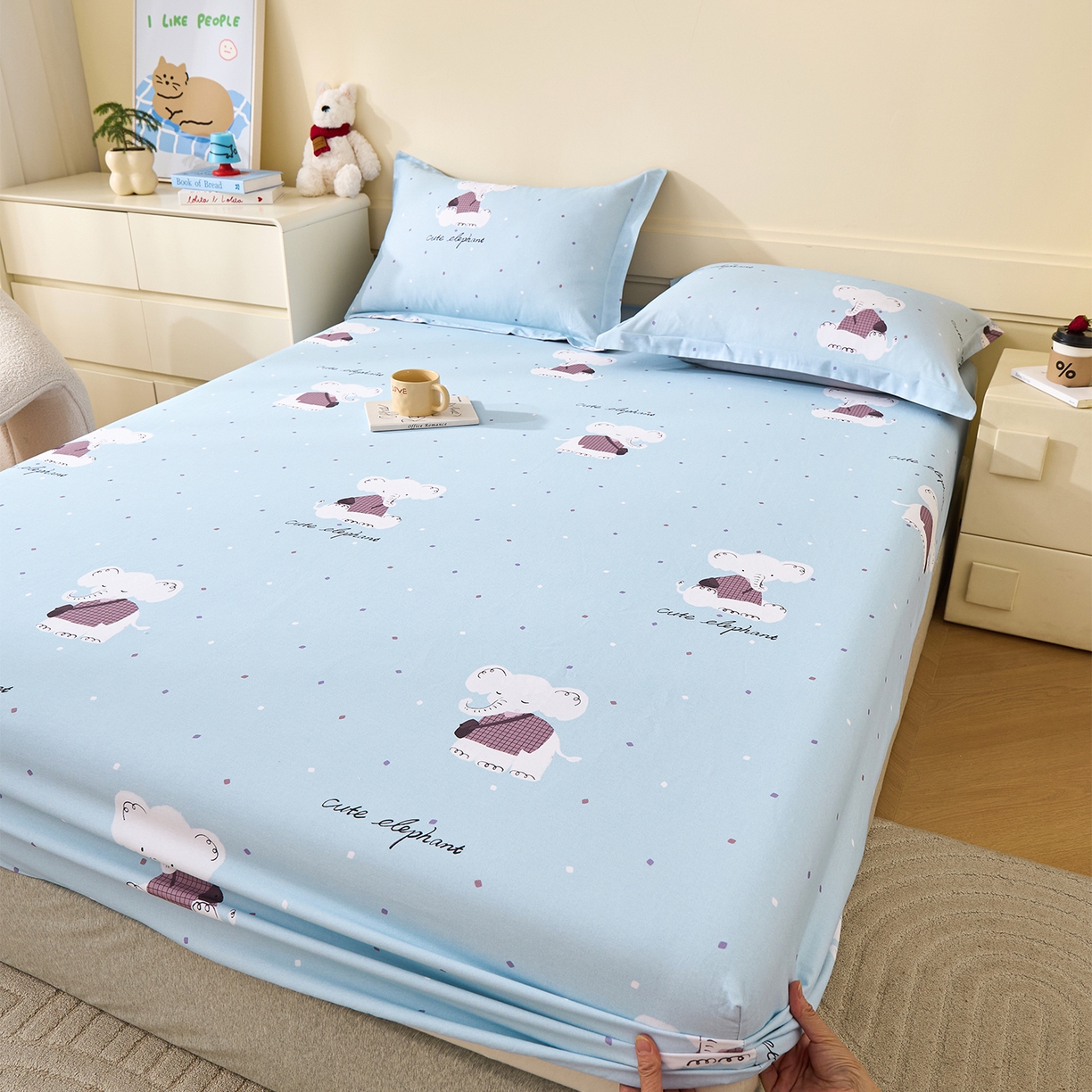 91家纺网 家纺一手货源 找家纺 元元家居（元元被业） 2025秋冬新款全棉纯棉磨毛印花单床笠 小奶象