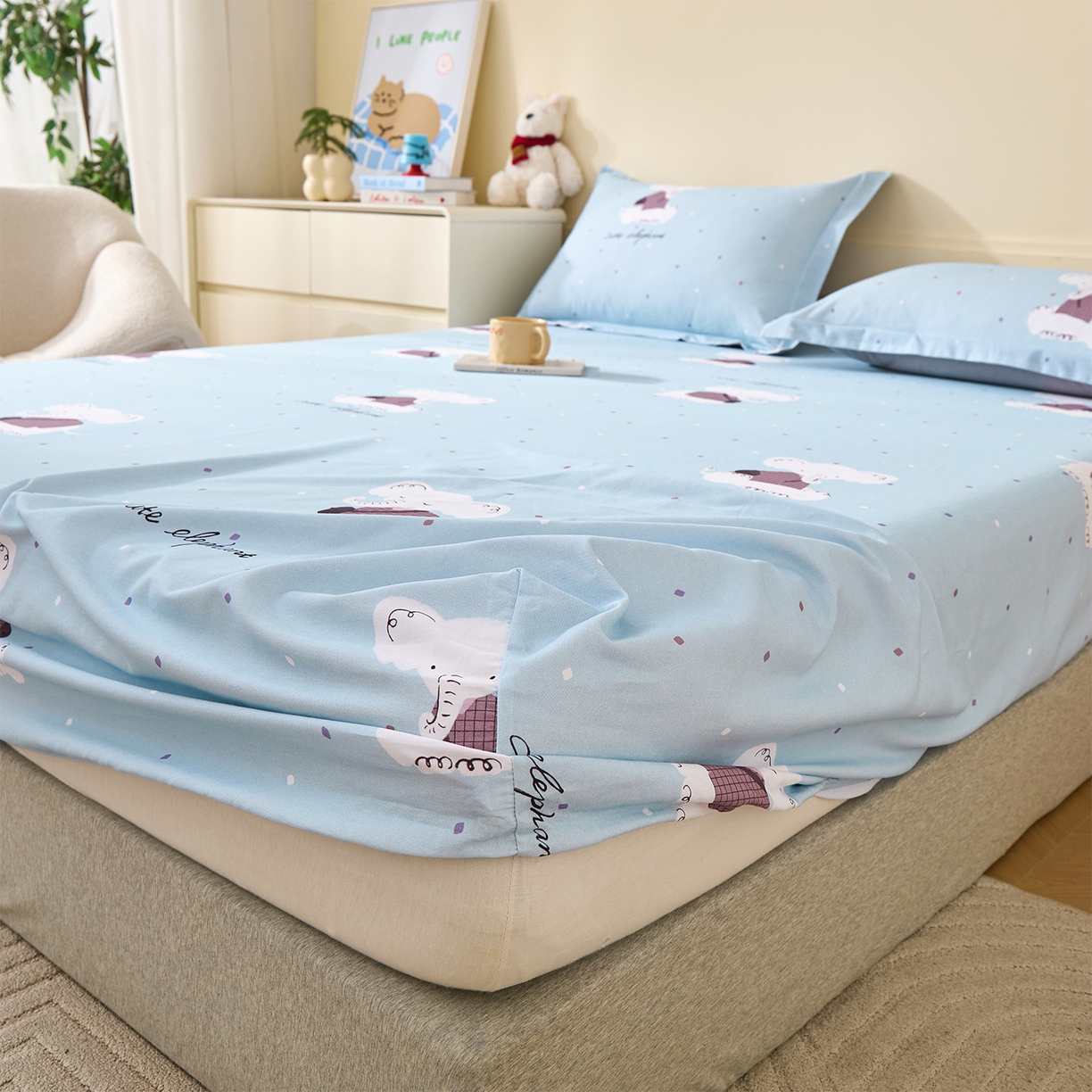 91家纺网 家纺一手货源 找家纺 元元家居（元元被业） 2025秋冬新款全棉纯棉磨毛印花单床笠 小奶象