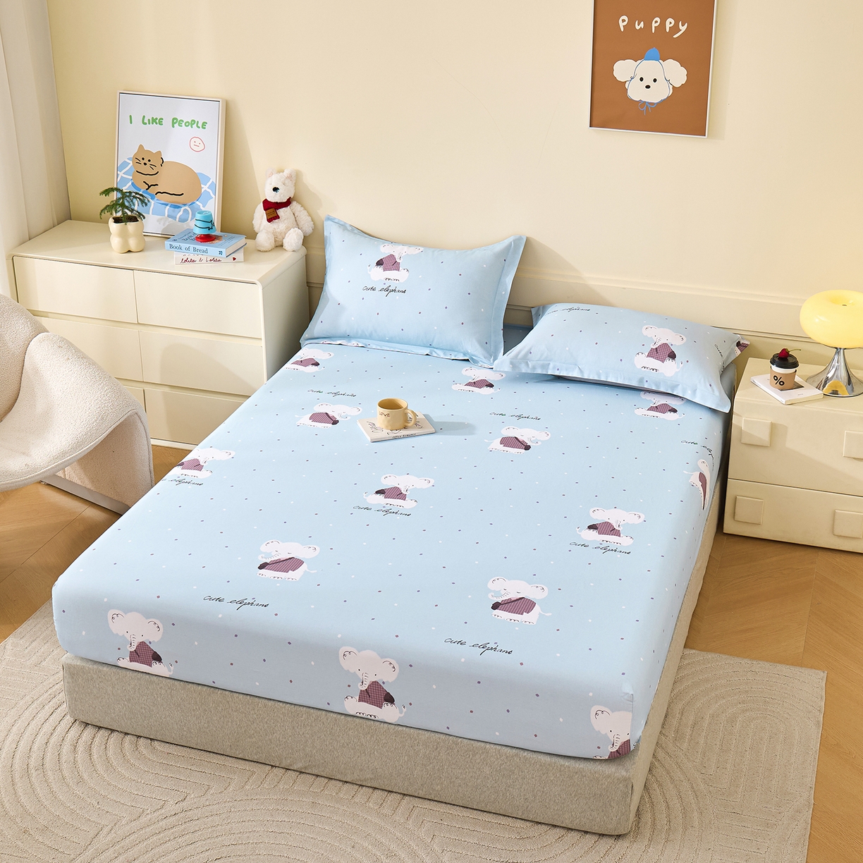 91家纺网 家纺一手货源 找家纺 元元家居（元元被业） 2025秋冬新款全棉纯棉磨毛印花单床笠 小奶象