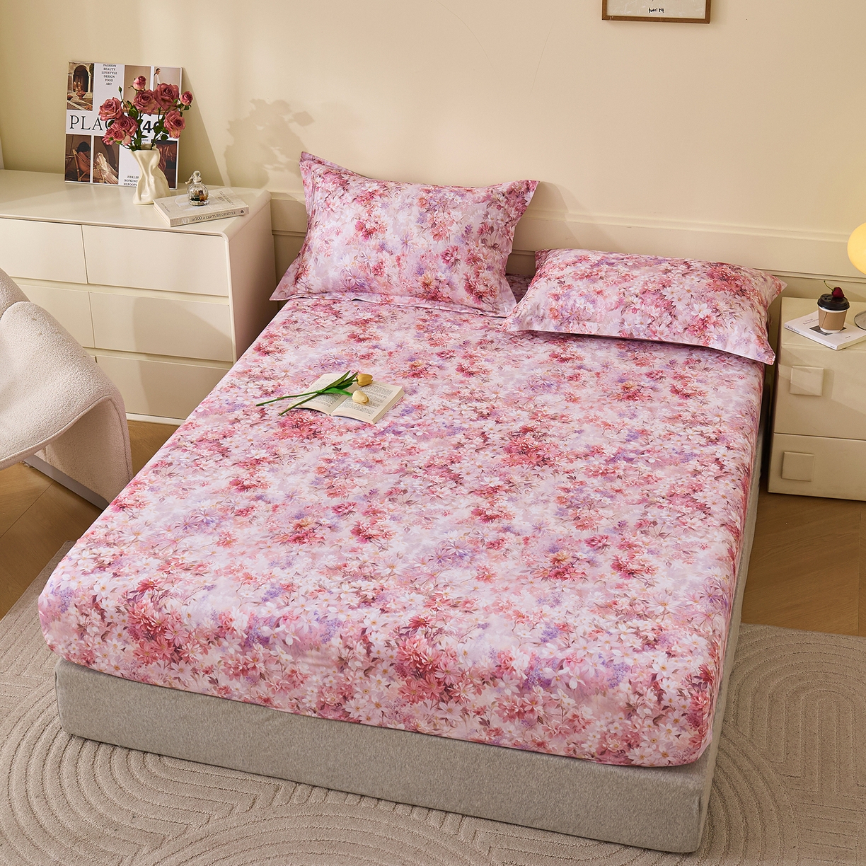 91家纺网 家纺一手货源 找家纺 元元家居（元元被业） 2025秋冬新款全棉纯棉磨毛印花单床笠 邂逅粉