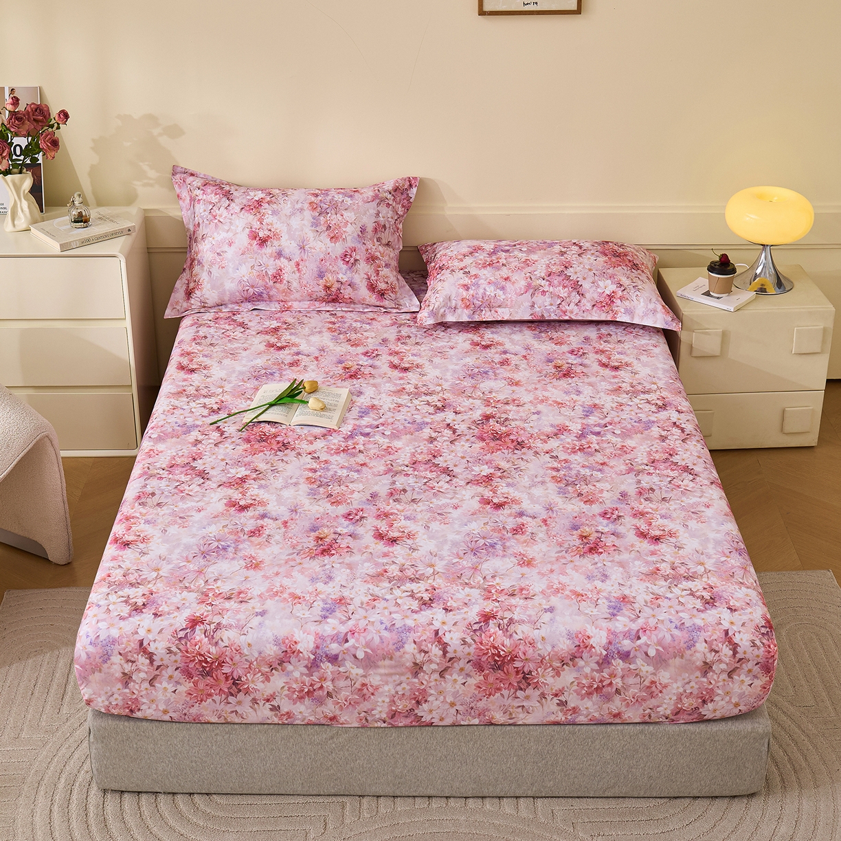 91家纺网 家纺一手货源 找家纺 元元家居（元元被业） 2025秋冬新款全棉纯棉磨毛印花单床笠 邂逅粉