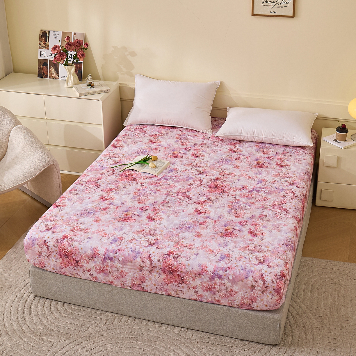 91家纺网 家纺一手货源 找家纺 元元家居（元元被业） 2025秋冬新款全棉纯棉磨毛印花单床笠 邂逅粉