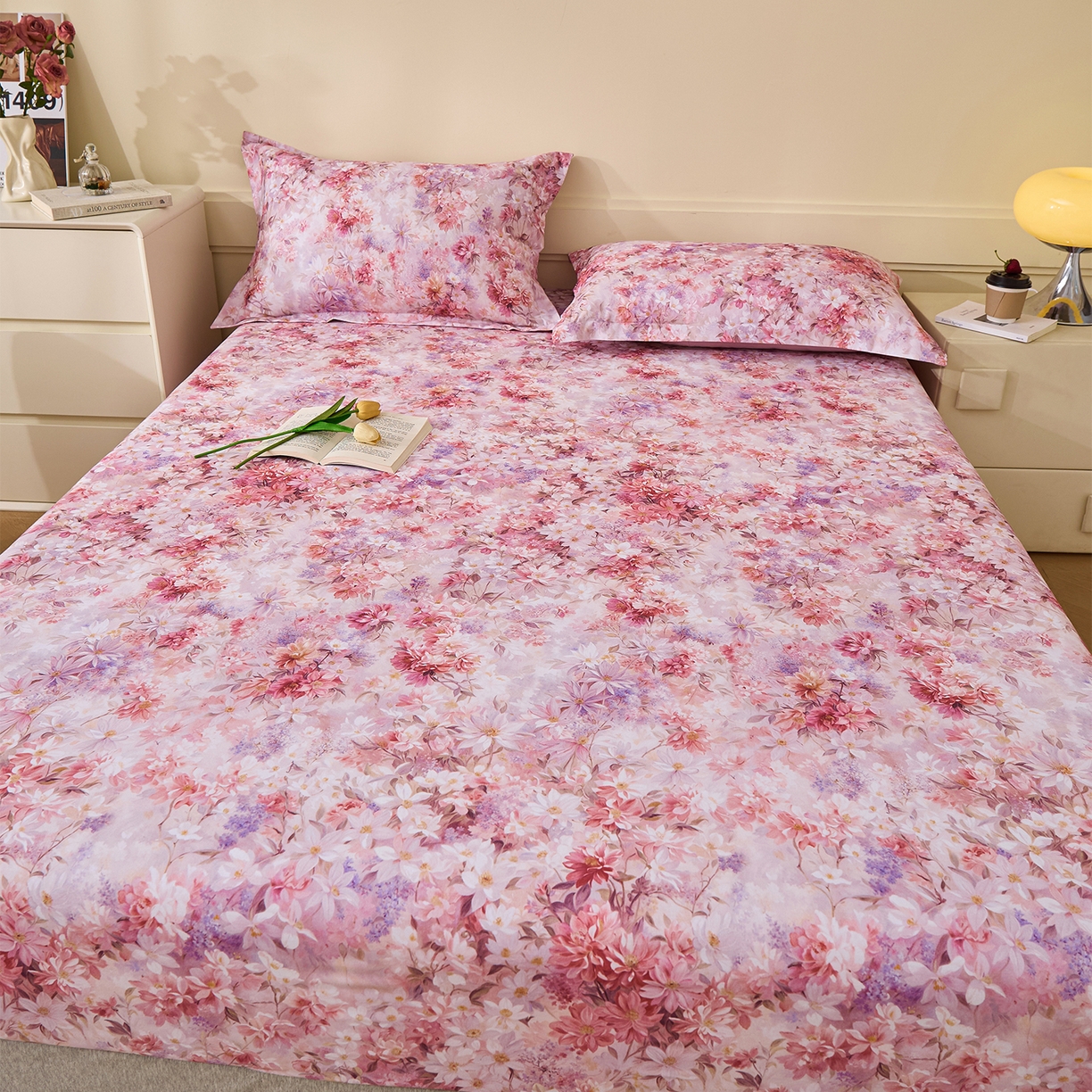 91家纺网 家纺一手货源 找家纺 元元家居（元元被业） 2025秋冬新款全棉纯棉磨毛印花单床笠 邂逅粉