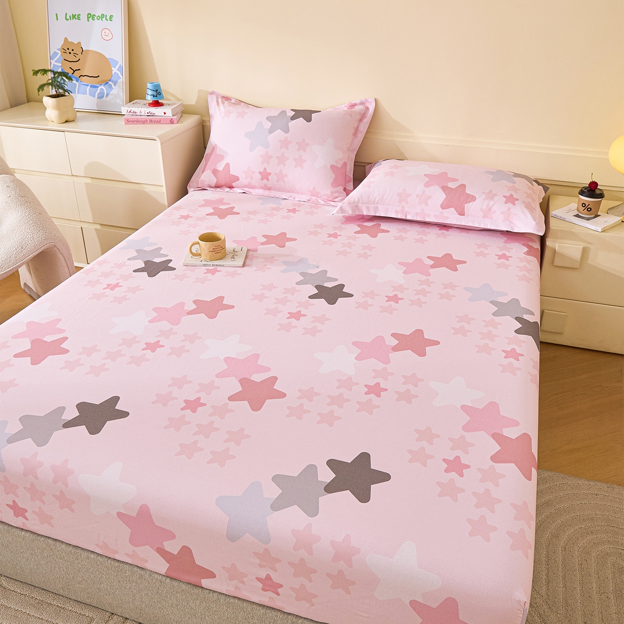 91家纺网 家纺一手货源 找家纺 元元家居（元元被业） 2025秋冬新款全棉纯棉磨毛印花单床笠 星星格格