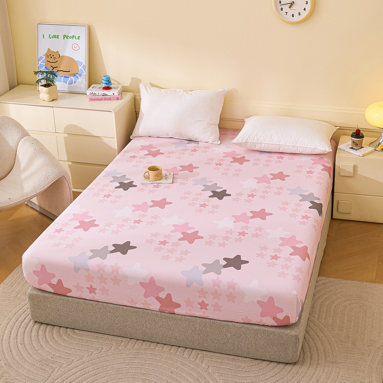 91家纺网 家纺一手货源 找家纺 元元家居（元元被业） 2025秋冬新款全棉纯棉磨毛印花单床笠 星星格格