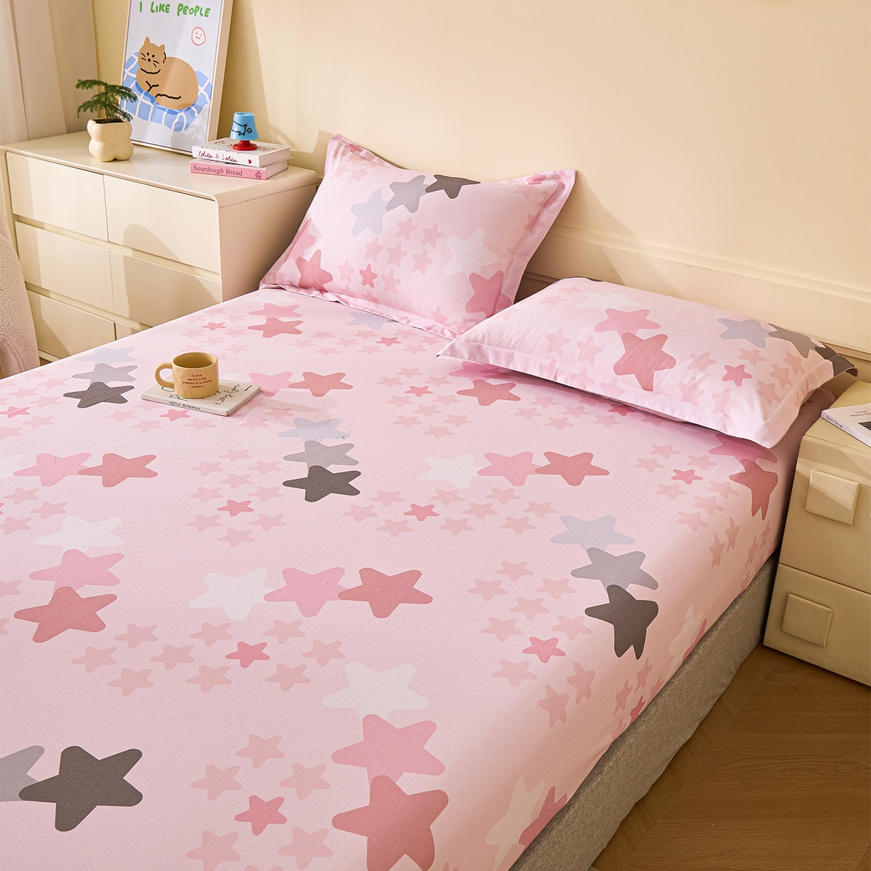 91家纺网 家纺一手货源 找家纺 元元家居（元元被业） 2025秋冬新款全棉纯棉磨毛印花单床笠 星星格格