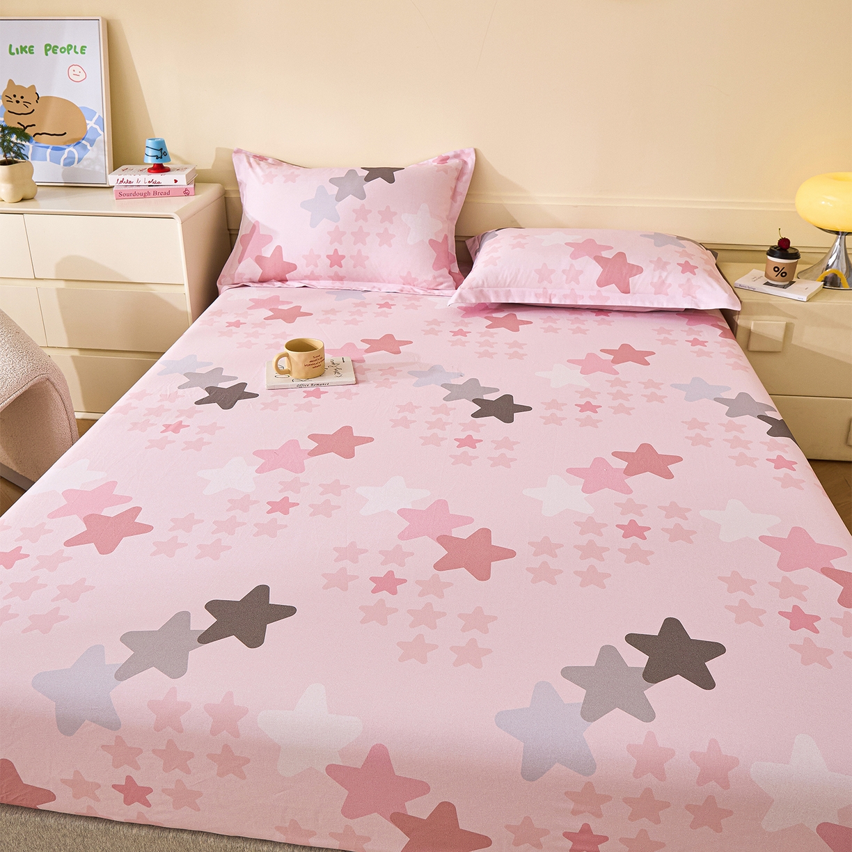 91家纺网 家纺一手货源 找家纺 元元家居（元元被业） 2025秋冬新款全棉纯棉磨毛印花单床笠 星星格格