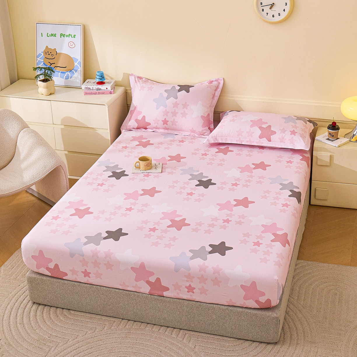 91家纺网 家纺一手货源 找家纺 元元家居（元元被业） 2025秋冬新款全棉纯棉磨毛印花单床笠 星星格格