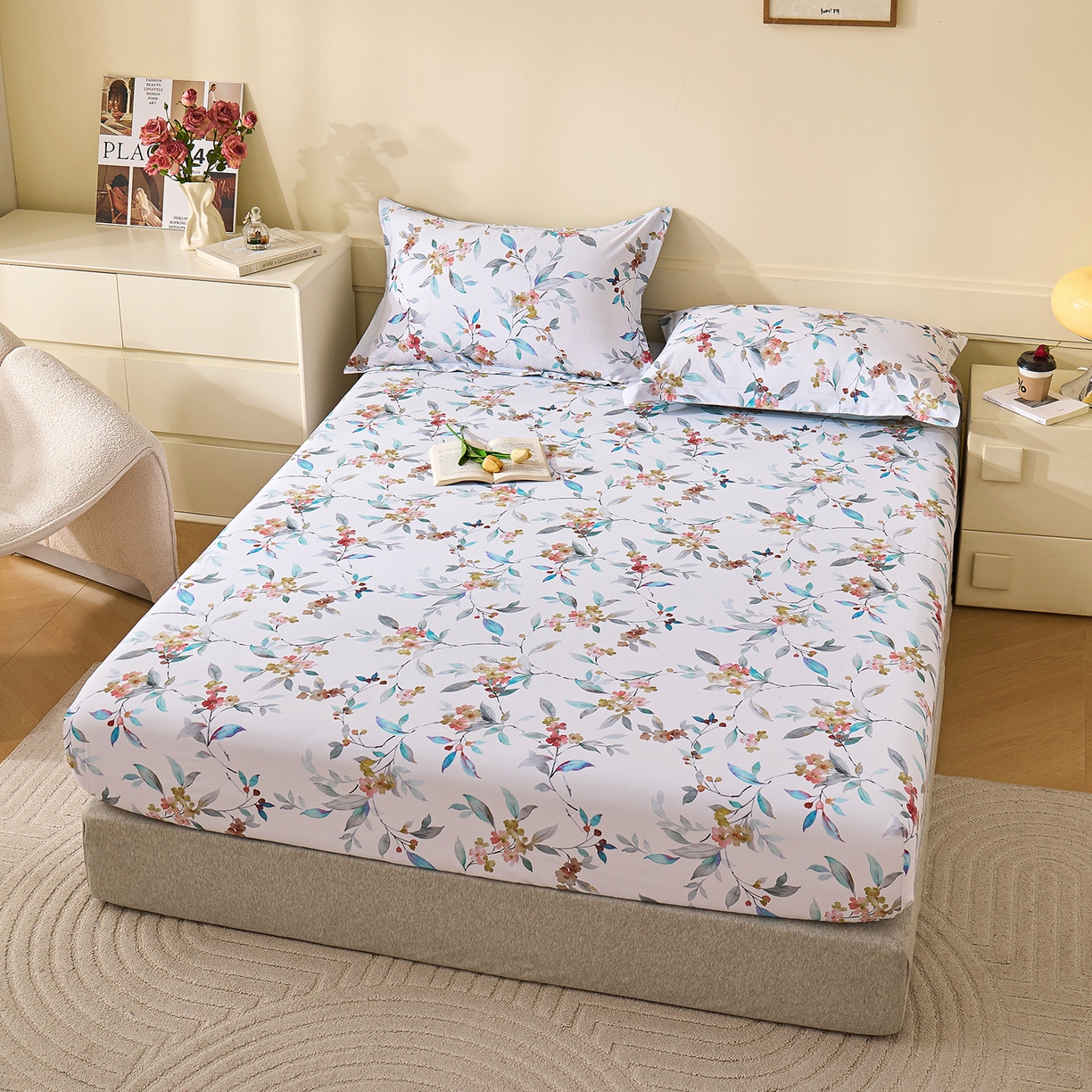 91家纺网 家纺一手货源 找家纺 元元家居（元元被业） 2025秋冬新款全棉纯棉磨毛印花单床笠 云季花盟