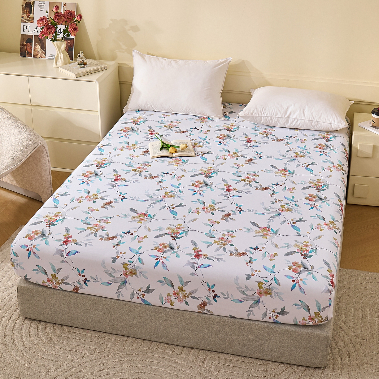 91家纺网 家纺一手货源 找家纺 元元家居（元元被业） 2025秋冬新款全棉纯棉磨毛印花单床笠 云季花盟