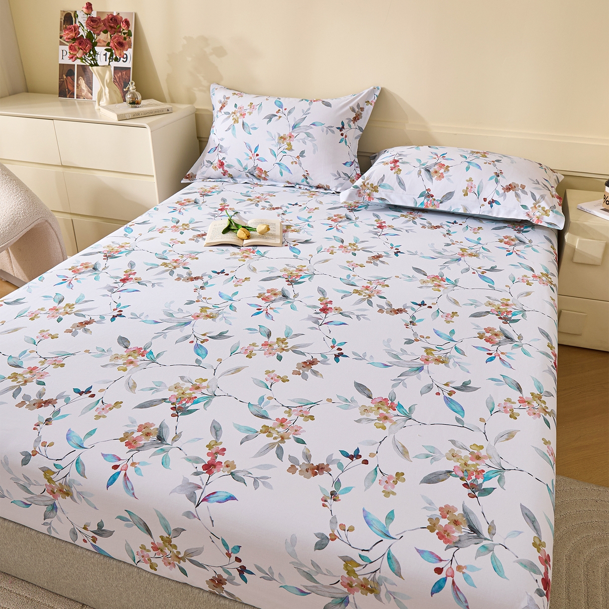 91家纺网 家纺一手货源 找家纺 元元家居（元元被业） 2025秋冬新款全棉纯棉磨毛印花单床笠 云季花盟