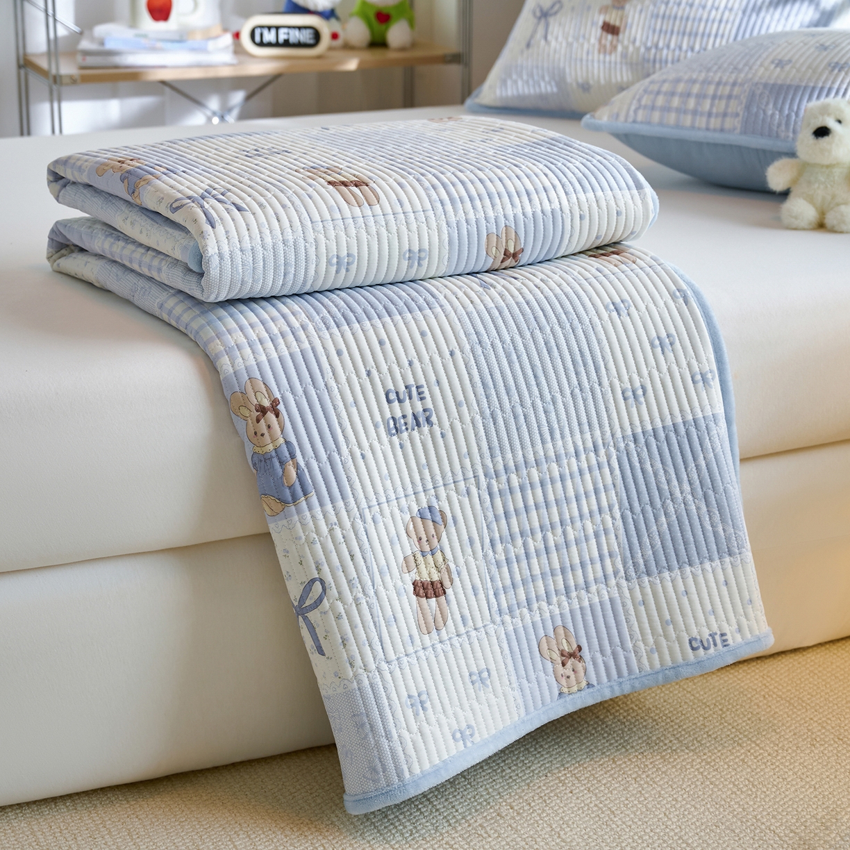 91家纺网 家纺一手货源 找家纺 小叮当家纺仓储工厂店 2025新款A版全棉B版牛奶绒床盖系列单床盖床盖单件 蓝格童话（A棉B绒）