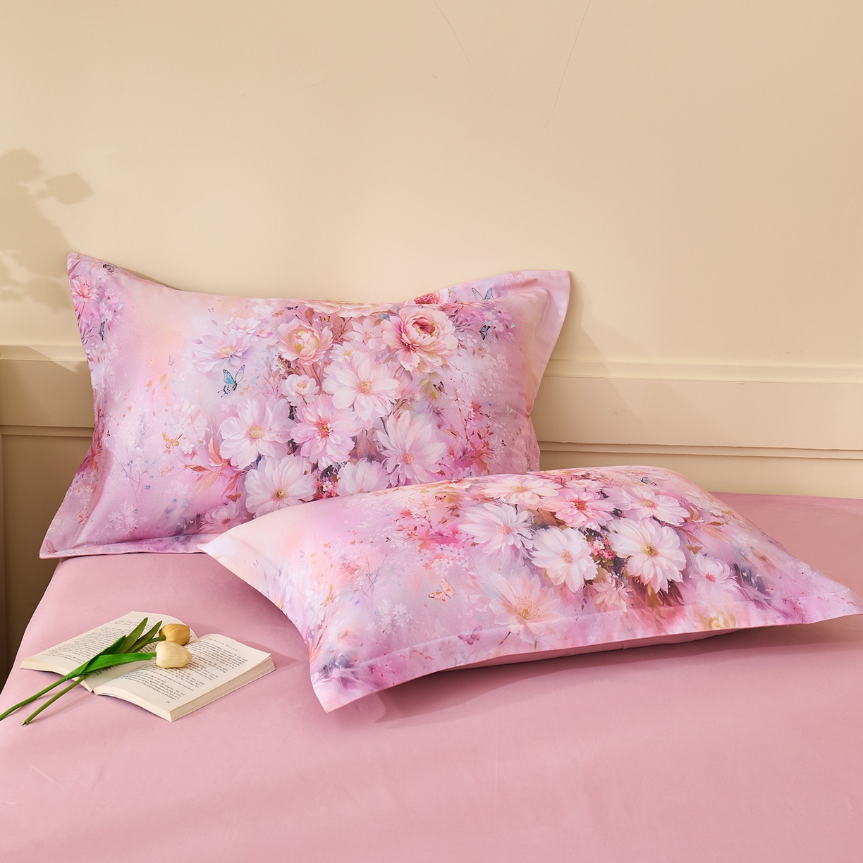 91家纺网 家纺一手货源 找家纺 元元家居（元元被业） 2025秋冬新款全棉纯棉磨毛印花单枕套 花妍悦粉