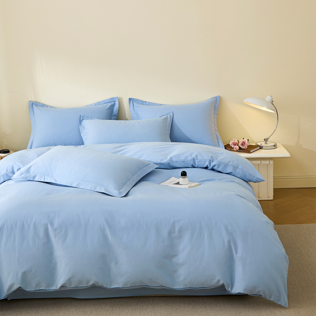 91家纺网 家纺一手货源 找家纺 元元家居（元元被业） 2025秋冬新款全棉纯棉磨毛纯色四件套 景泰蓝